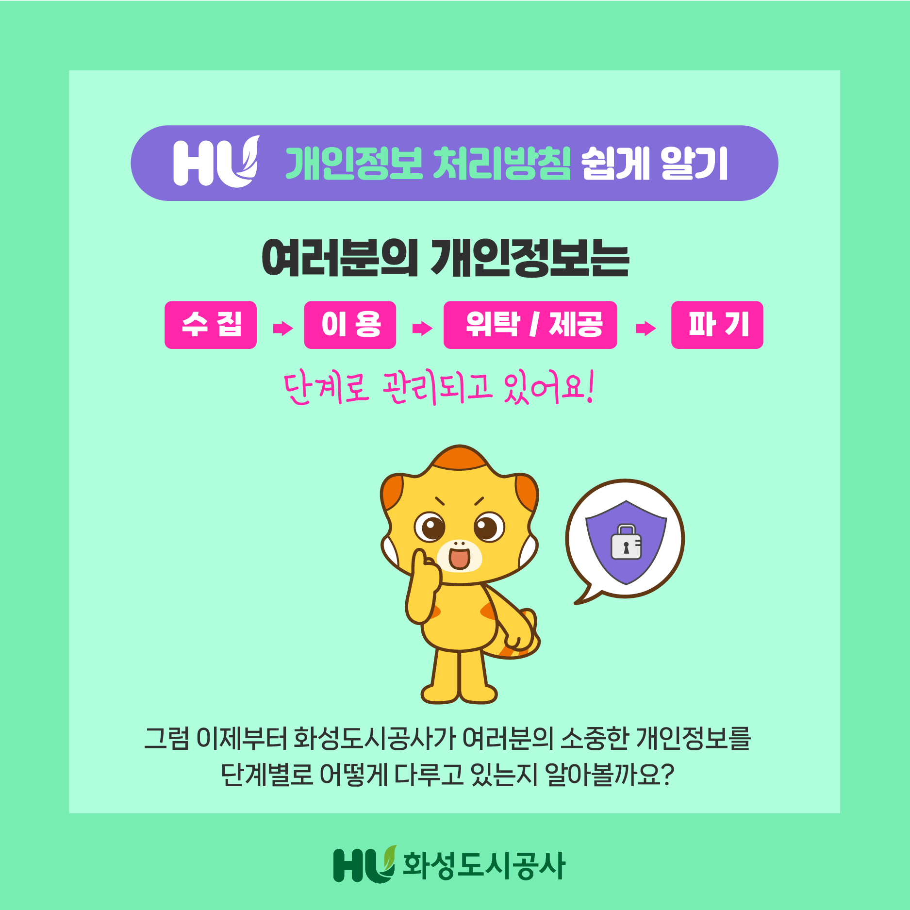 HU 개인정보 처리방침 쉽게 알기 여러분의 개인정보는 수집=>이용=>위탁/제공=>파기 단계로 관리되고 있어요! 그럼 이제부터 화성도시공사가 여러분의 소중한 개인정보를 단계별로 어떻게 다루고 있는지 알아볼까요? HU화성도시공사