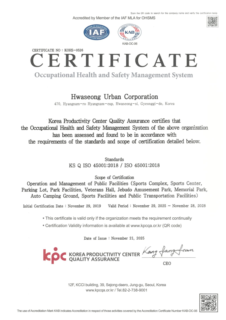 Accredited by Member of the !AF MLA for OHSMS 
							IAF,KAB KAB-OC-06 
							CERTIFICATE NO : KOHS-0526
							CERTIFICATE
							Occupational Health and Safety Management System
							Hwaseong Urban Corporation
							470，Hyangnam-ro Hyangnam-eup, Hwaseong-si, Gyeonggi-do, Korea
							Korea Productivity Center Quality Assurance certifies that
							the Occi4)ational Health and Safety Management System of the above organization
							has been assessed and found to be in accordance with
							the requirements of the standards and scope of certification detailed below.
							Standards
							KS Q ISO 45001:2018 / ISO 45001:2018
							Scope of Certification
							Operation and Management of Public Facilities (Sports Complex, Sports Center,
							Parking Lot, Park Facilities, Veterans Hall, Jebudo Amusement Park, Memorial Park,
							Auto Camping Ground, Sports Facilities and Public Transportation Facilities)
							Initial Certification Date : November 29, 2019 Valid Period : November 29, 2025 ~ November 28, 2028
							*	This certificate is valid only if the organization meets the requirement continually
							*	Certification Validity information is available at www.kpcqa.or.kr (QR code)
							kpc CEO 
							12F, KCCI building, 39, Sejong-daero, Jung-gu, Seoul, Korea
							www.kpcqa.or.kr / Tel.82-2-738-9001
							The use of Accreditation Mark KAB indicates Accreditation in respect of those activities covered by the Accreditation Certificate Number KAB-OC-06