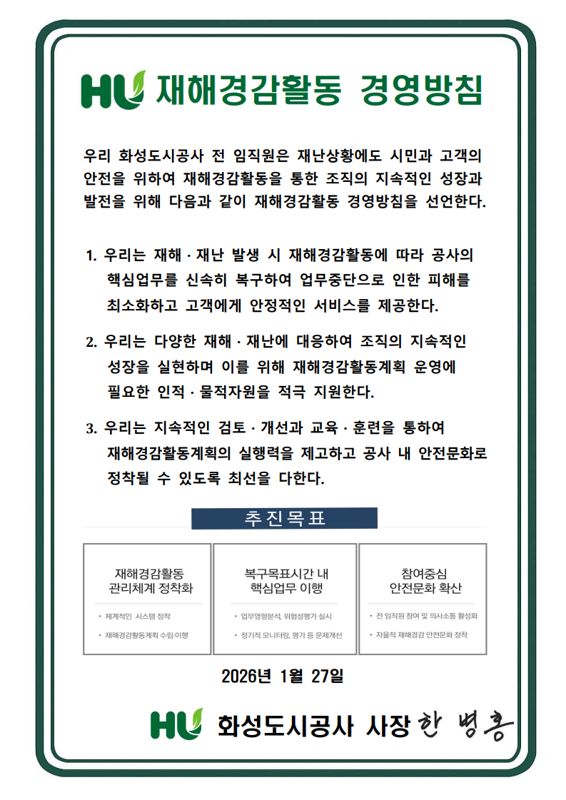 재해경감활동 경영방침
							우리 화성도시공사 전 임직원은 재난상황에도 시민과 고객의 안전을 위하여 재해경감활동을 통한 조직의 지속적인 성장과 발전을 위해 다음과 같이 재해경감활동 경영방침을 선언한다.
							1. 우리는 재해⋅재난 발생 시 재해경감활동에 따라 공사의 핵심업무를 신속히 복구하여 업무중단으로 인한 피해를 최소화하고 고객에게 안정적인 서비스를 제공한다.
							2. 우리는 다양한 재해⋅재난에 대응하여 조직의 지속적인 성장을 실현하며 이를 위해 재해경감활동계획 운영에 필요한 인적⋅물적자원을 적극 지원한다.
							3. 우리는 지속적인 검토⋅개선과 교육⋅훈련을 통하여 재해경감활동계획의 실행력을 제고하고 공사 내 안전문화로 정착될 수 있도록 최선을 다한다.
							추진목표
							재해경감활동 관리체계 정착화 .체계적인 시스템 정착 .재해경감활동계획 수립이행
							복구목표시간 내 핵심업무 이행 .업무영향분석, 위험성평가 실시 . 정기적 모니터링,평가 등 문제개선
							참여중심 안전문화 확산 .전 임직원 참여 및 의사소통 활성화 .자율적 재해경감 안전문화 장착
							2026년 1월 27일
							HU 화성도시공사 사장 한병홍