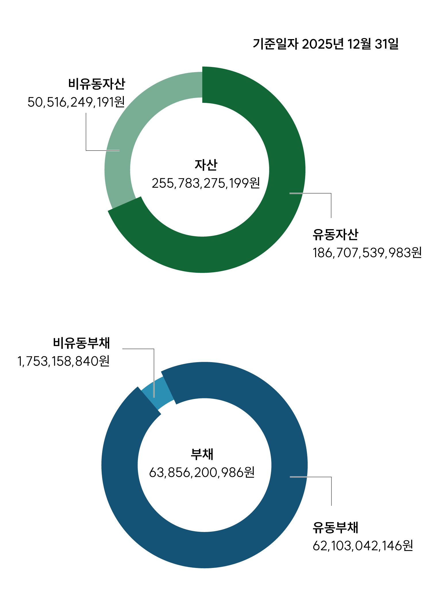 기준일자 2025년 12월31일 자산 및 부채자본 현황은 자산 2237,223,789,174원, 비유동자산 50,516,249,191원,유동자산 186,707,539,983원 이고 부채 63,856,200,986원 중 비유동부채는 1,753,158,840원 이고 유동부채는 62,103,042,146원 입니다. 