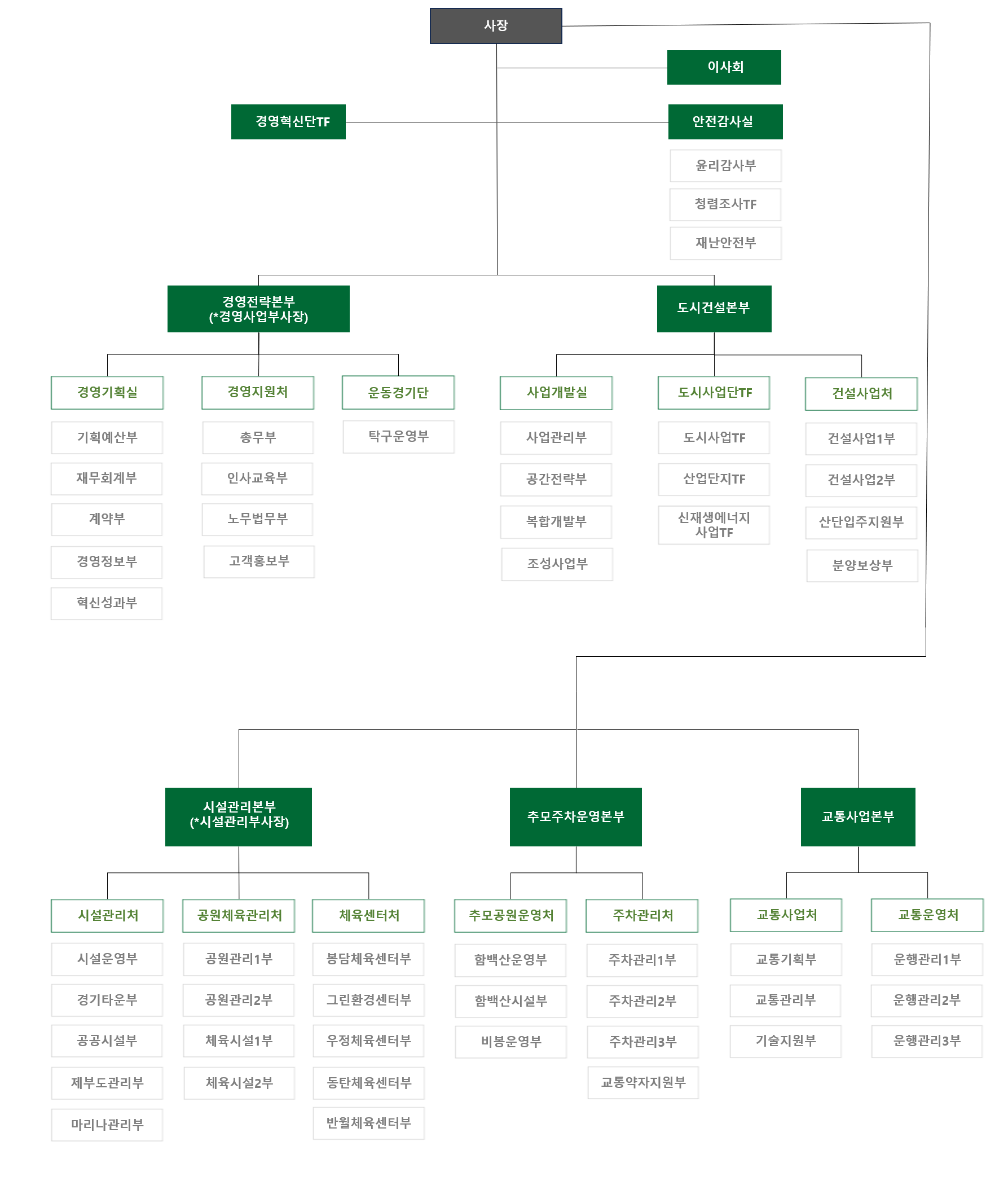 사장 밑으로는 이사회,경영혁신단TF,안전감사실,경영사업부사장(상임이사 겸직),시설관리부사장(상임이사 겸직) 있고 안전감사실 밑으로는 윤리감사부,재난안전부가 있다.경영전략본부(*경영사업부사장) 밑으로는 경영기획실,경영지원처,운동경기단이 있고 경영기획실 밑으로는 기획예산부,재무회계부,계약부,경영정보부,혁신성과부가 있고 경영지원처 밑으로는 총무부,인사교육부,노무법무부,고객홍보부가 있고 운동경기단 밑으로는 탁구운영부가 있다. 도시건설본부 밑으로는 사업개발실,도시사업단TF,건설사업처가 있고 사업개발실 밑으로는 사압관리부,공간전략부,복합개발부,조성사업부가 있고 도시사업단TF 밑으로는 도시사업TF,산업단지TF,신재생에너지사업TF가 있고 , 건설사업처 밑으로는 건설사업1부,건설사업2부,산단입주지원부,분양보상부가 있다.시설관리본부(*시설관리부사장) 밑으로는 시설관리처,공원체육관리처,체육센터처가 있고 시설관리처 밑으로는 시설운영부,경기타운부,공공시설부,제부도관리부,마리나관리부가 있고 공원체육관리처 밑으로는 공원관리1부,공원관리2부,체육시설1부,체육시설2부가 있고 체육센터처 밑으로는 봉담체육센터부,그린환경센터부,우정체육센터부,동탄체육센터부,반월체육센터부가 있다. 추모주차운영본부 밑으로는 추모공원운영처,주차관리처가 있고 추모공원운영처 밑으로는 함백산운영부,함백산시설부,비봉운영부가 있고 주차관리처 밑으로는 주차관리1부,주차관리2부,주차관리3부,교통약자지원부가 있다. 교통사업본부 밑으로는 교통사업처, 교통운영처가 있고 교통사업처 밑으로는 교통기획부,교통관리부,기술지원부가 있고 교통운영처 밑으로는 운행관리1부,운행관리2부,운행관리3부가 있다.